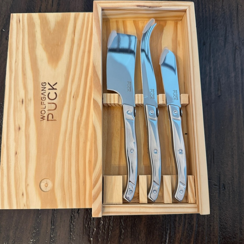 Wolfgang Puck 3 Piece Stainless Steel Cheese Knife Set in Wood Gift Box 0323